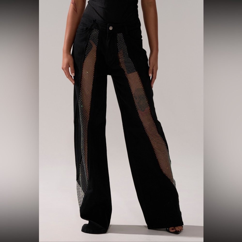 AKIRA SOMETHING DIFFERENT RELAXED DENIM WITH RHINESTONE MESH Size MM